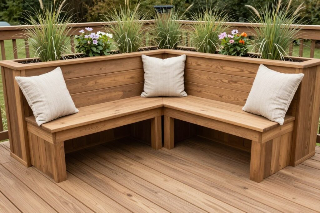 Deck with built-in benches and planter boxes