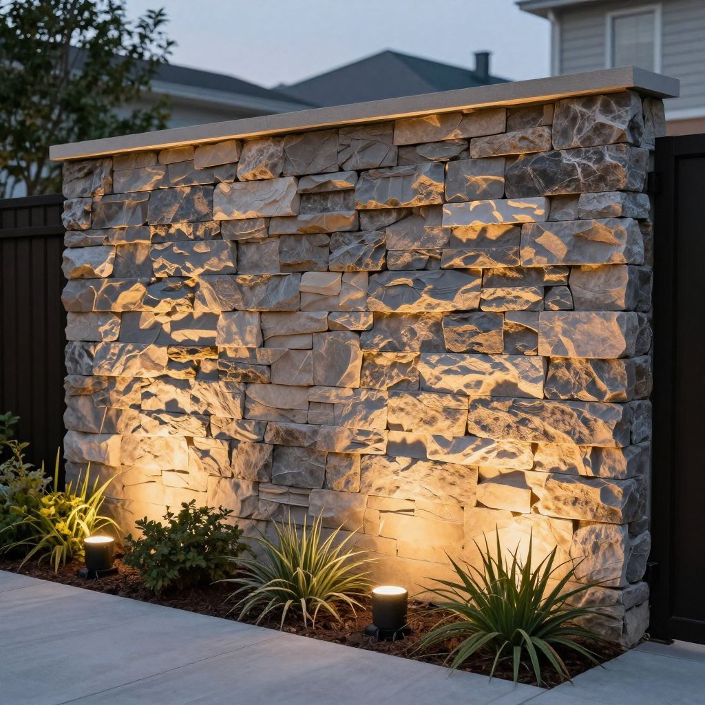 Decorative stone wall with integrated lighting and plantings