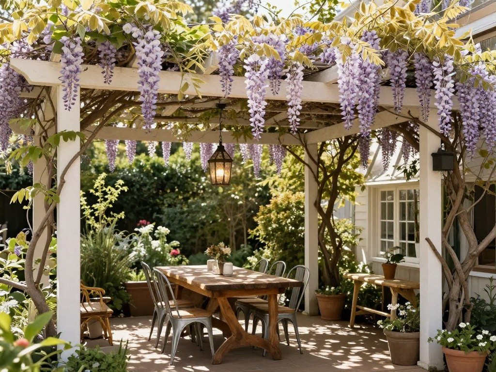 Dining area under pergola with climbing vines