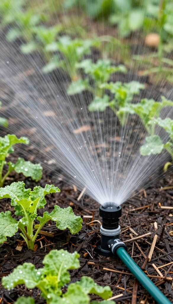 Drip irrigation system in garden bed with mulch