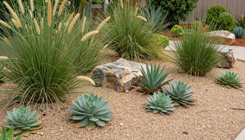 Drought-tolerant garden with native plants and gravel mulch