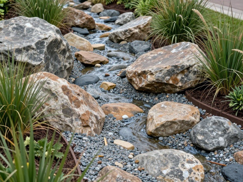 Dry creek bed made with various sizes of stone