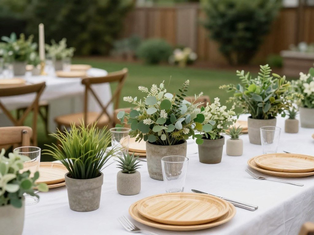 Eco-friendly backyard wedding with sustainable decorations and potted plant centerpieces