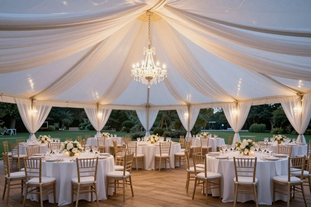 Elegant white wedding tent setup in backyard with chandelier and draped fabric
