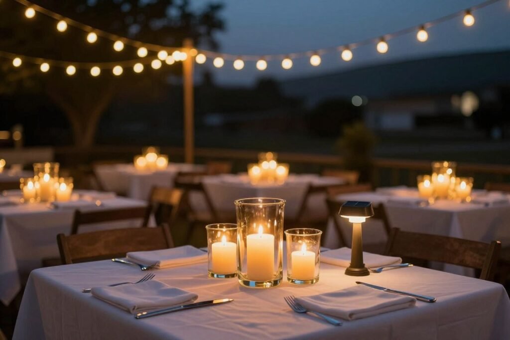 Evening outdoor dining table with ambient lighting