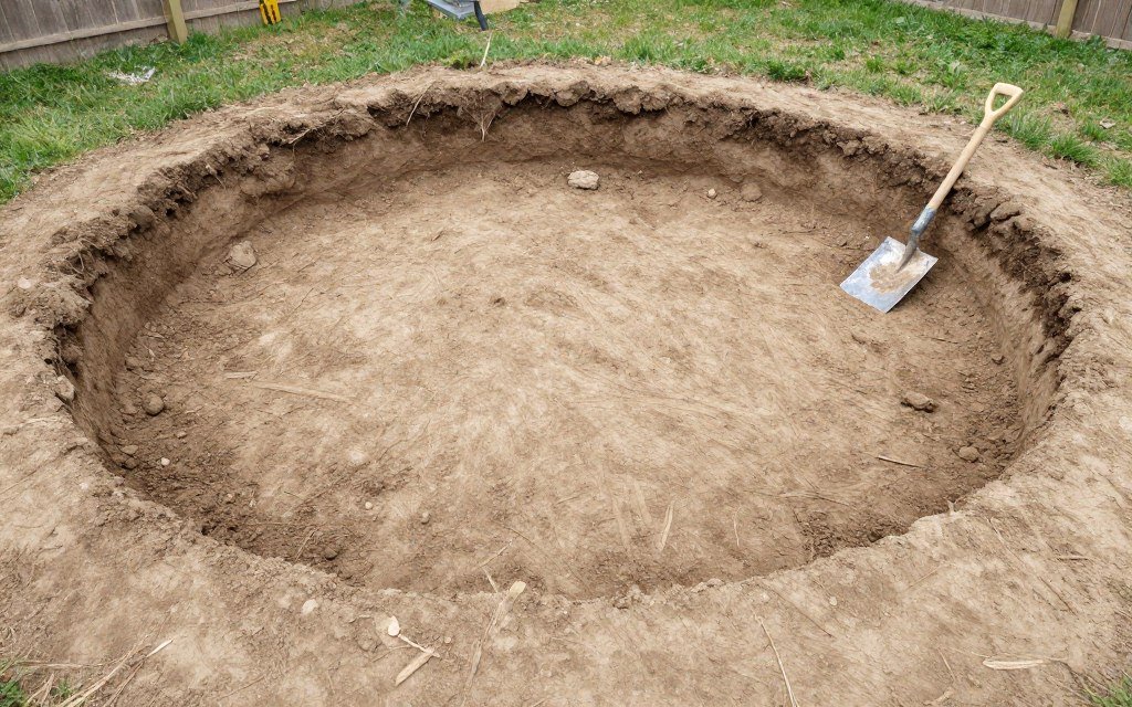Excavated circular area for fire pit base