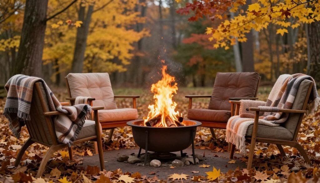Fall fire pit with autumn leaves and cozy atmosphere