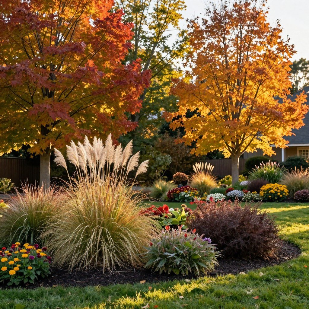 Fall landscape with colorful autumn foliage and ornamental grasses