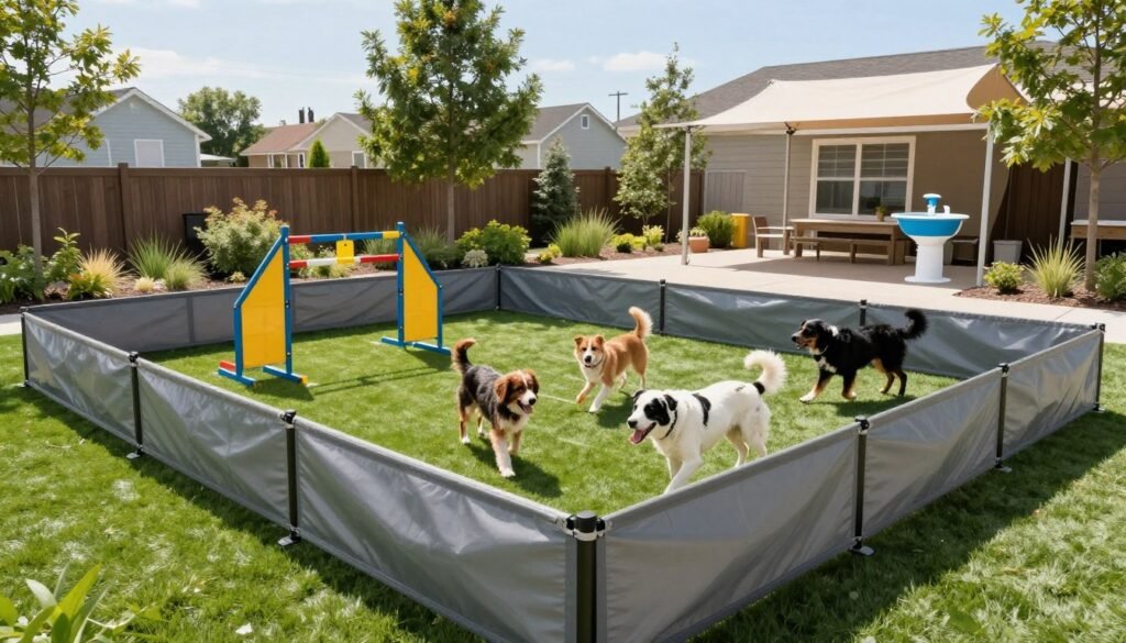 Fenced dog play area with artificial turf