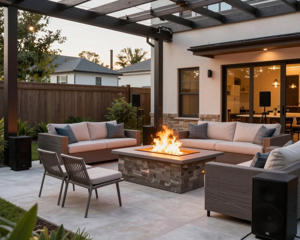 Fire pit area with outdoor speaker system