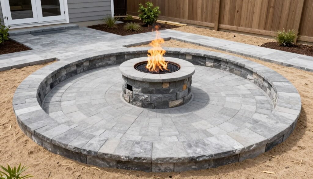 Fire pit area with paver patio installation in progress