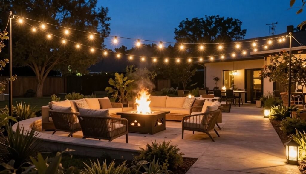 Fire pit area with string lights and landscape lighting