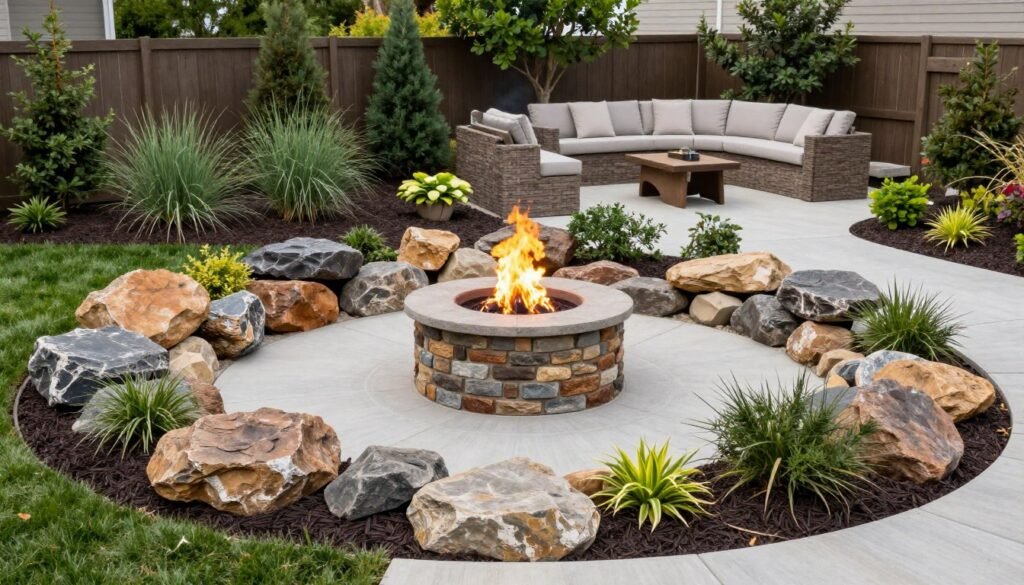 Fire pit area with surrounding landscape plants and rocks