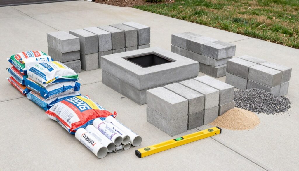 Fire pit building materials including blocks, gravel, and sand