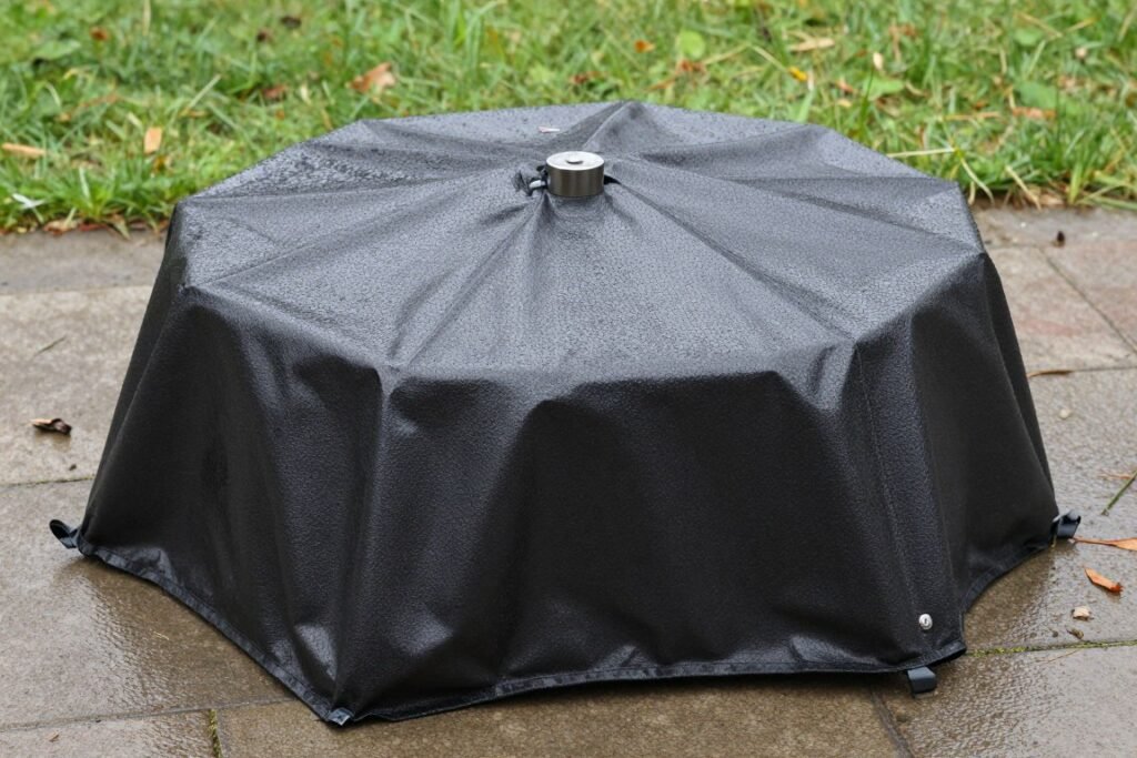 Fire pit cover protecting structure during rain