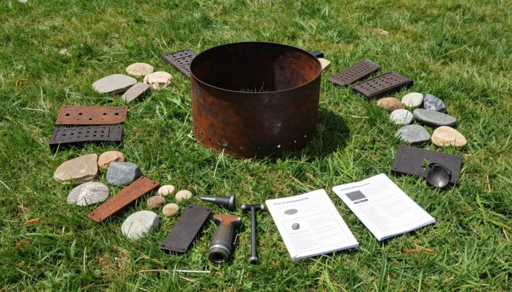 Fire pit kit components laid out before assembly
