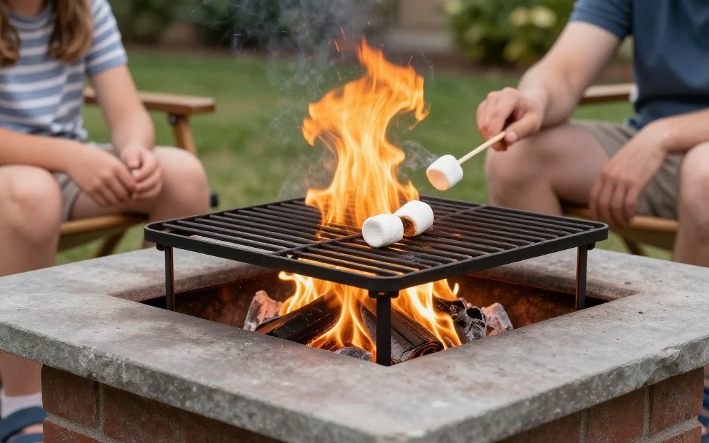 Fire pit with cooking grate and outdoor cooking setup