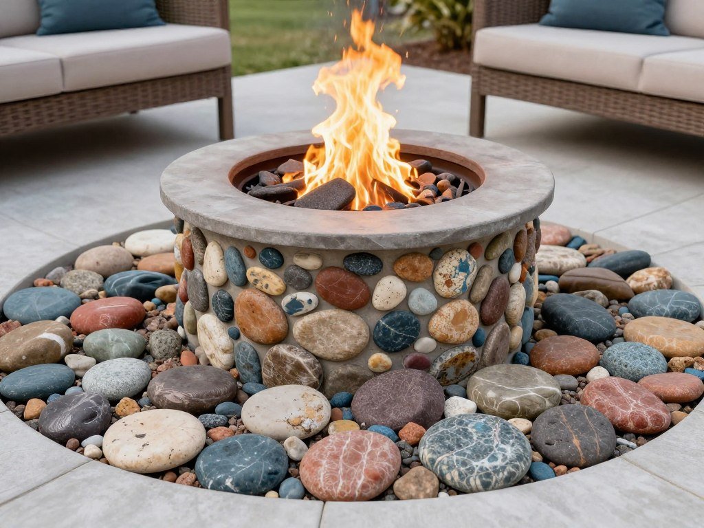 Fire pit with decorative river rock surround