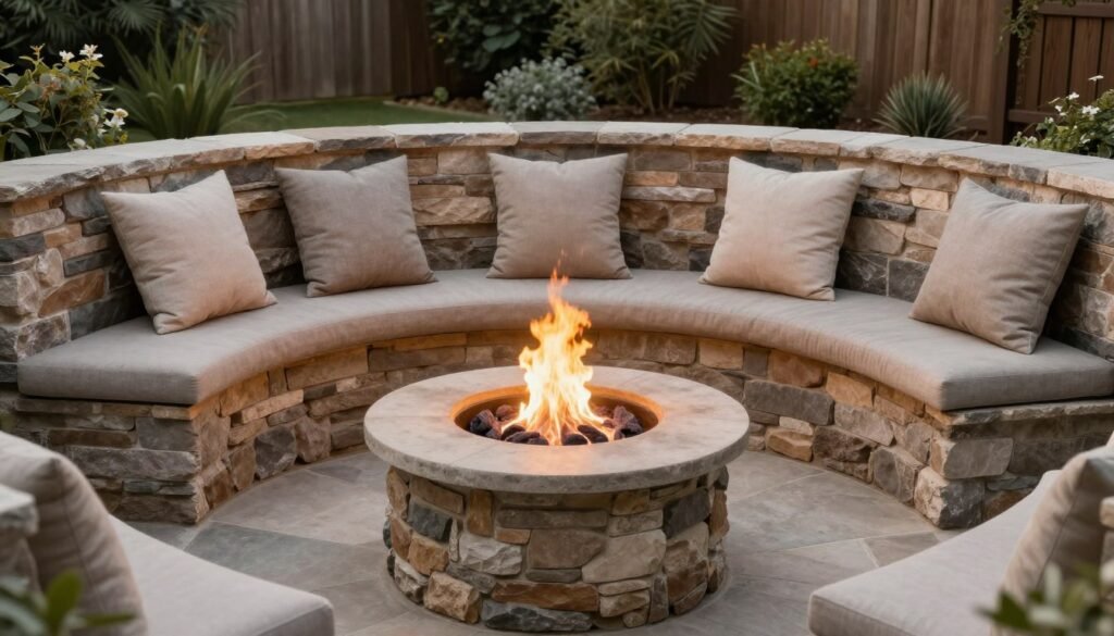 Fire pit with matching curved seating wall
