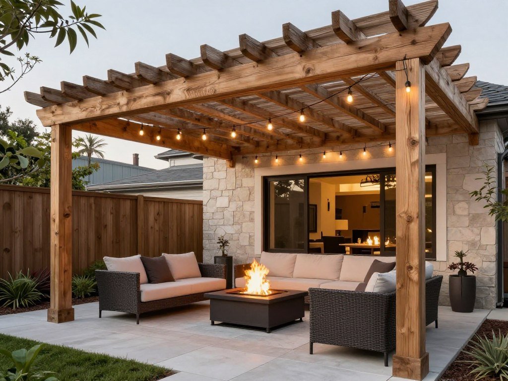 Fire pit with pergola overhead structure
