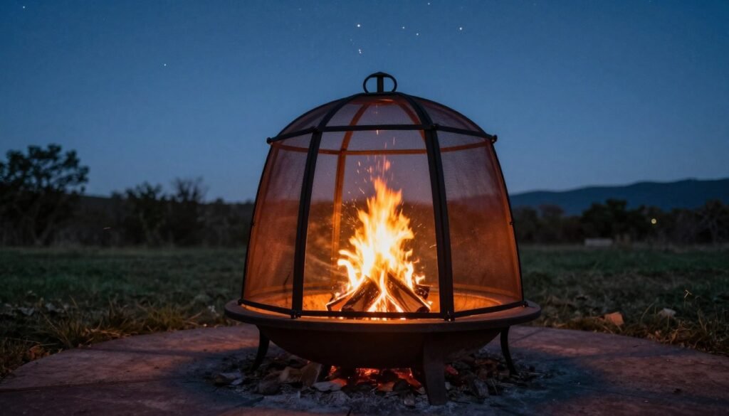 Fire pit with safety screen during calm evening weather