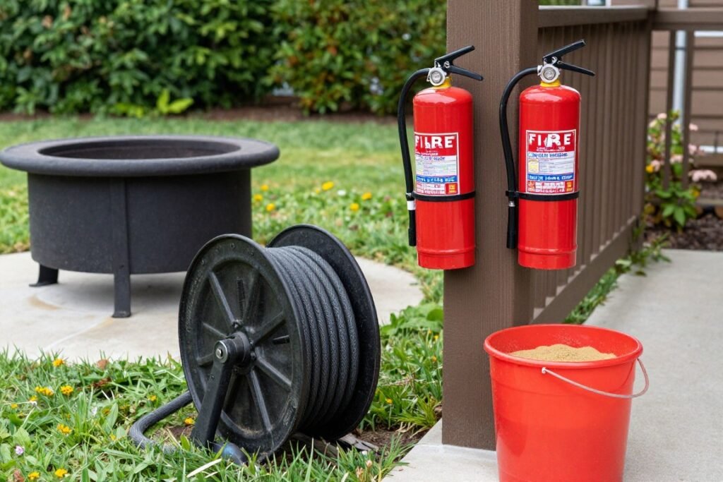 Fire safety equipment near fire pit including hose and extinguisher