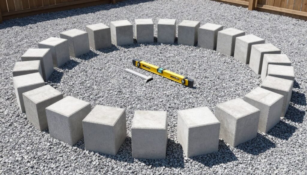 First row of blocks placed on gravel base