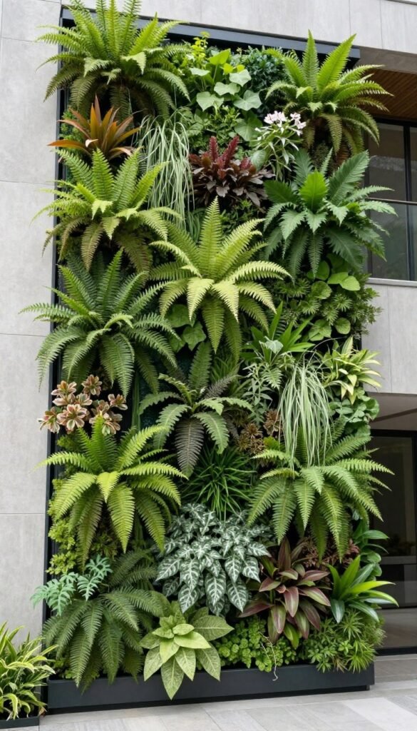 Full living wall covered in lush green plants
