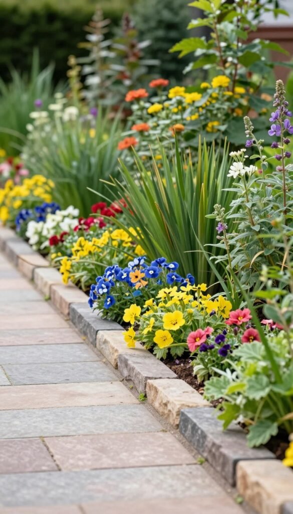 Garden border along stone walkway with layered plantings