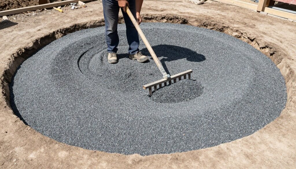 Gravel base being spread in fire pit area