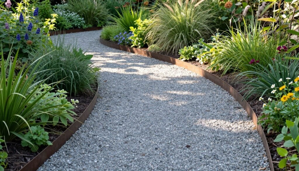 Gravel pathway through garden with stone edging