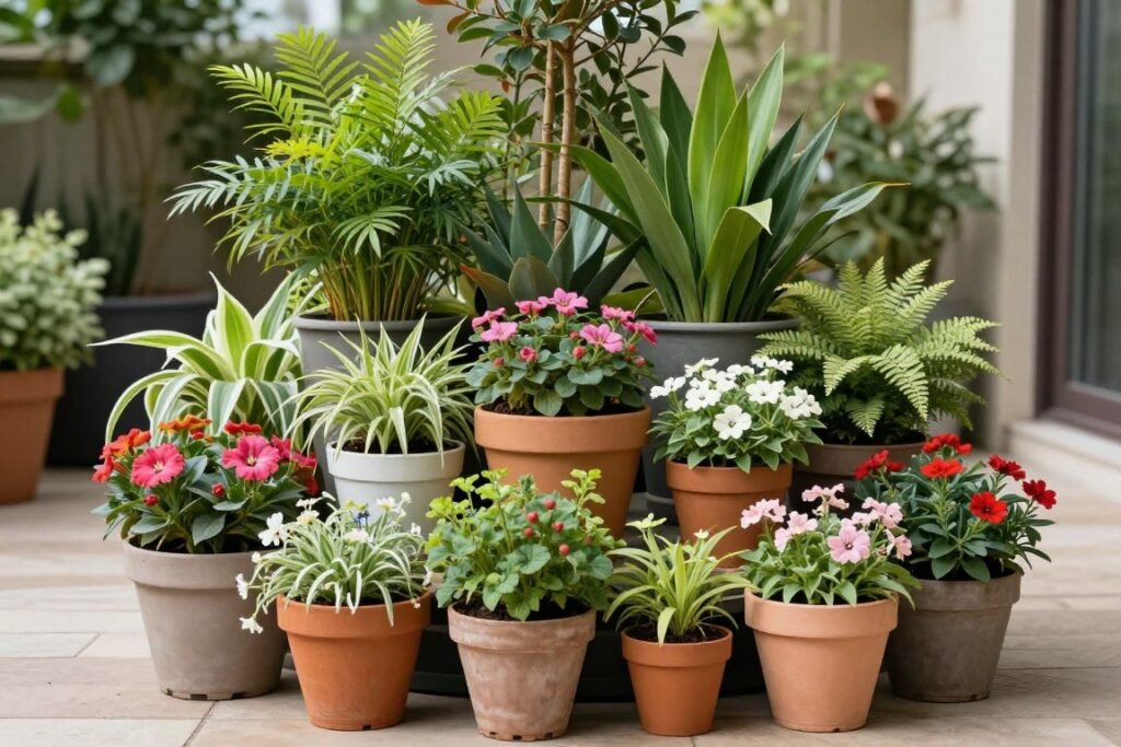 Grouped container garden with various pot sizes