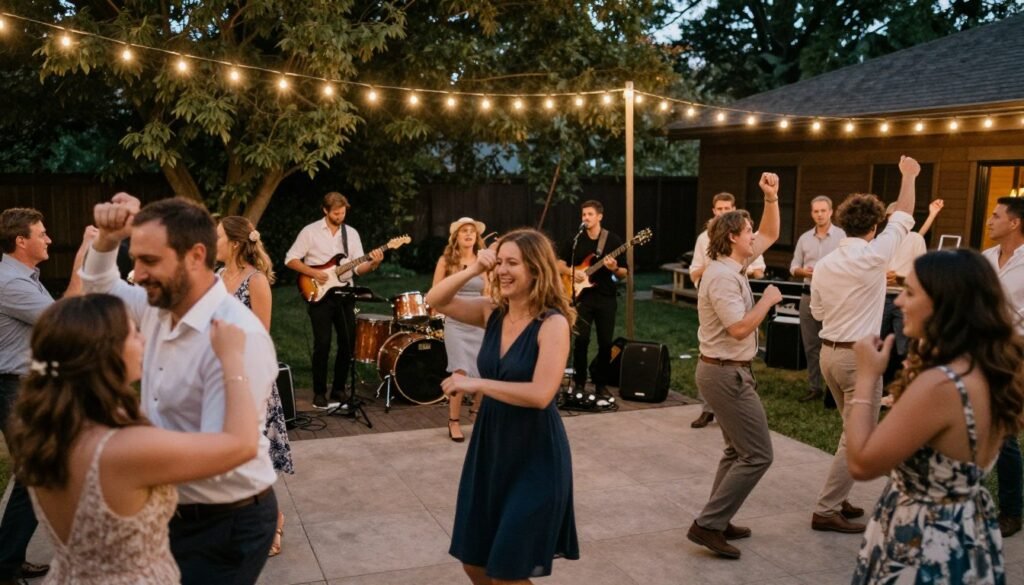 Guests dancing at outdoor backyard wedding reception with live band performing