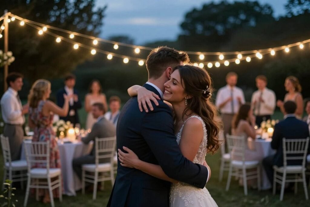 Happy newlywed couple celebrating at their beautiful backyard wedding reception