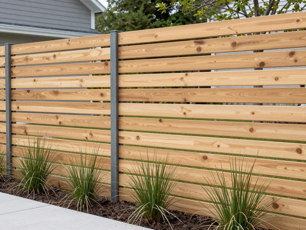 Horizontal wood slat privacy fence