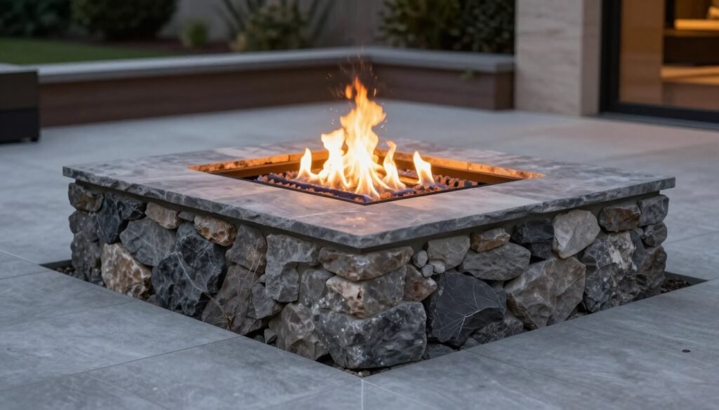In-ground fire pit with stone lining and seating area
