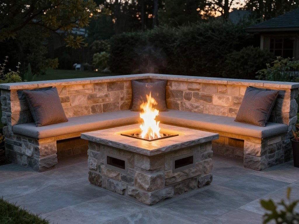 L-shaped built-in bench seating at corner fire pit