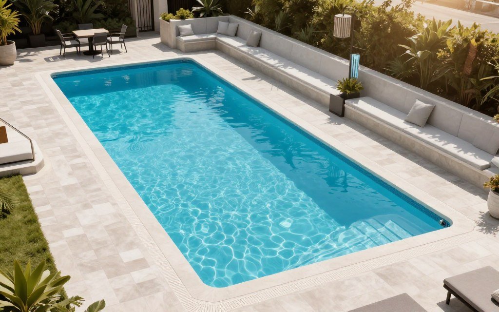 L-shaped lap pool with exercise lane and separate lounge area with seating