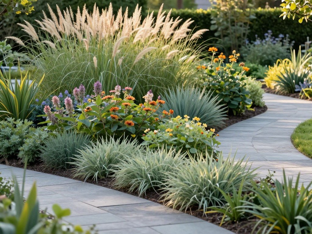 Layered garden design with various plant heights and textures