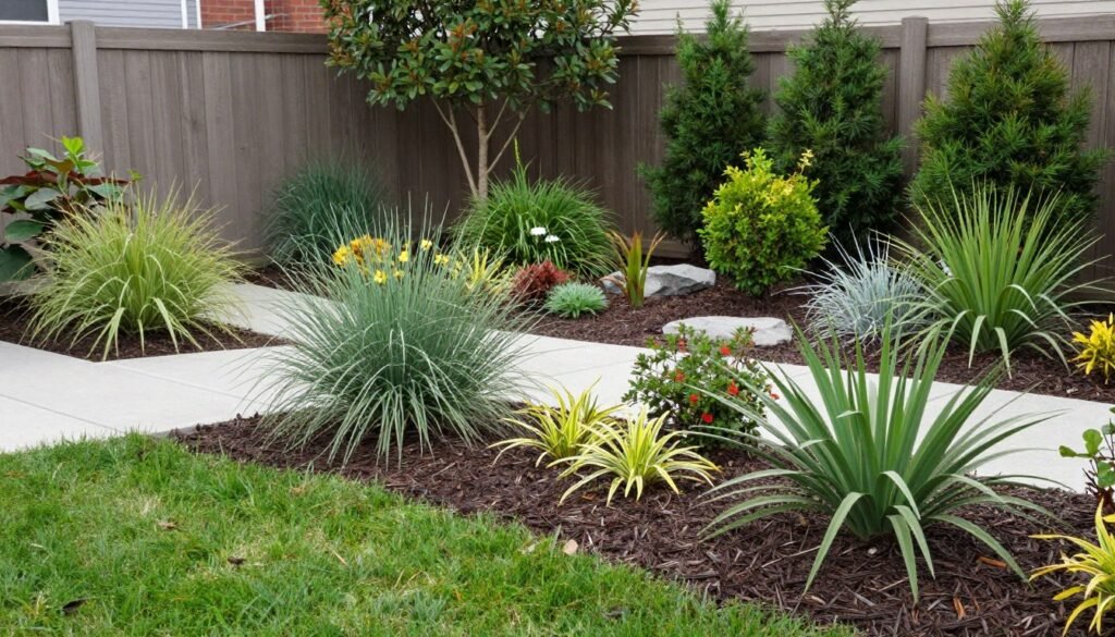 Low-maintenance landscape with native plants and mulched beds