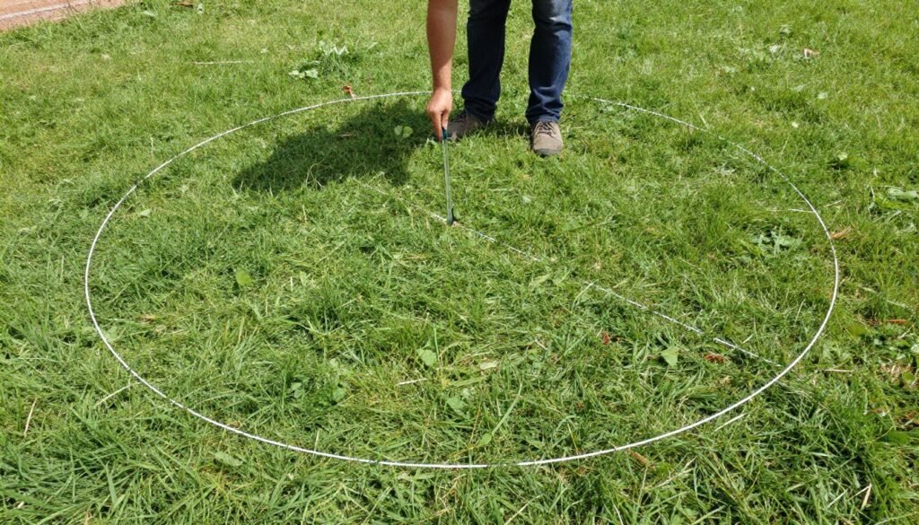 Marking fire pit circle on grass with string and spray paint