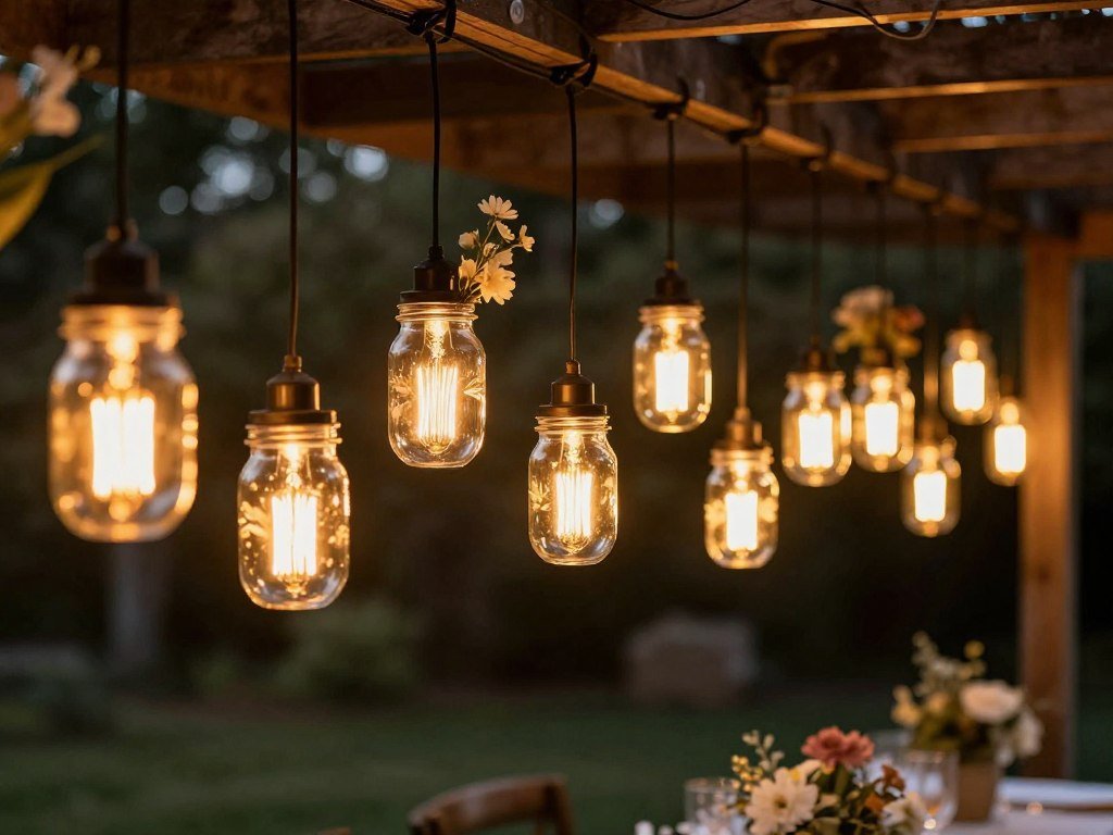 Mason jar lights and hanging Edison bulbs at rustic backyard wedding