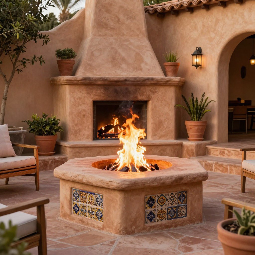 Mediterranean-style fire pit with stucco finish and colorful tiles