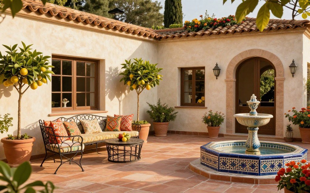 Mediterranean style patio with terra cotta and tile