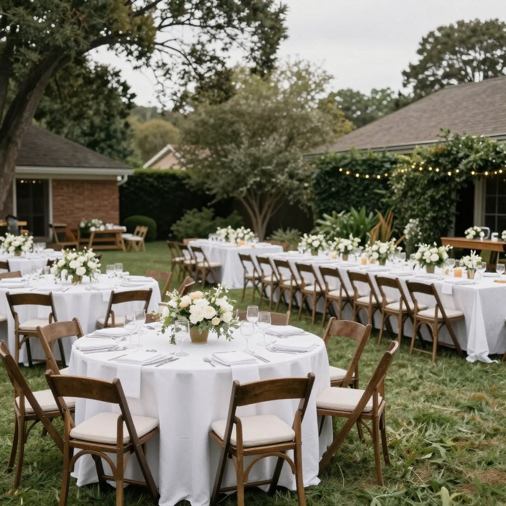 Mix of round and rectangular tables arrangement at outdoor backyard wedding reception