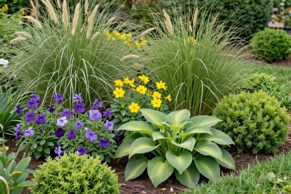 Mixed garden bed showing variety of plant textures and colors