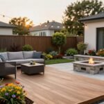 Modern backyard transformation with multiple design elements including patio, garden beds, and outdoor furniture