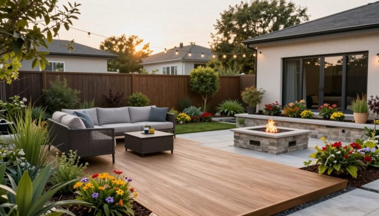 Modern backyard transformation with multiple design elements including patio, garden beds, and outdoor furniture