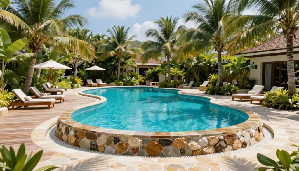 Modern freeform swimming pool with natural stone surround