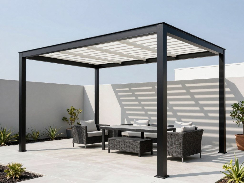 Modern metal pergola with louvered roof